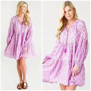NWT OLIPHANT Balloon Sleeve Short Metallic Tassel Tiered Mini Dress $328 Purple